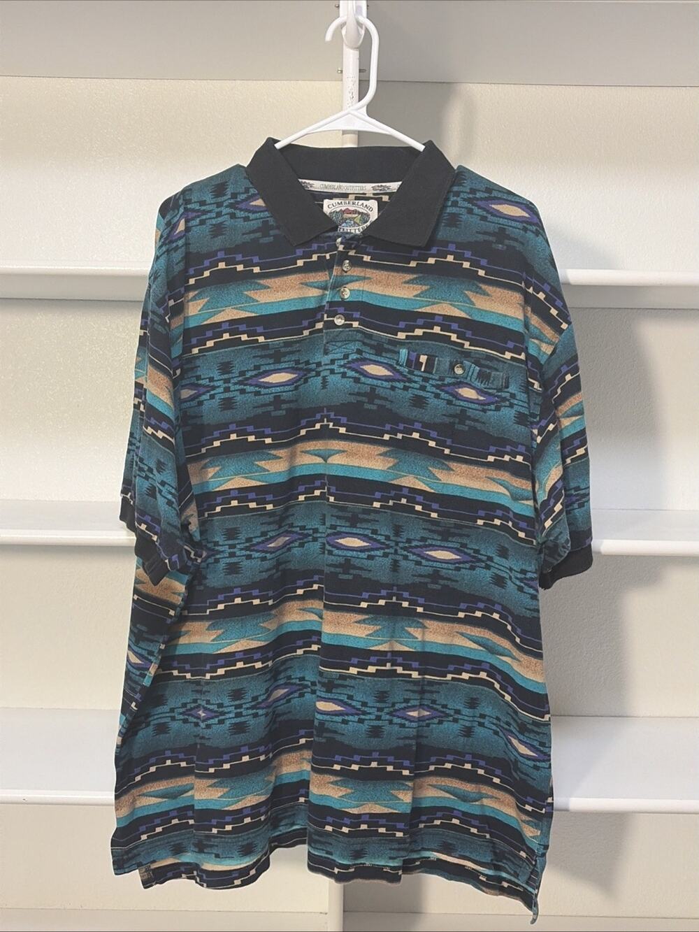 Vtg. Cumberland Outfitters Size XXL Cotton Southwest Aztec Polo Shirt Western